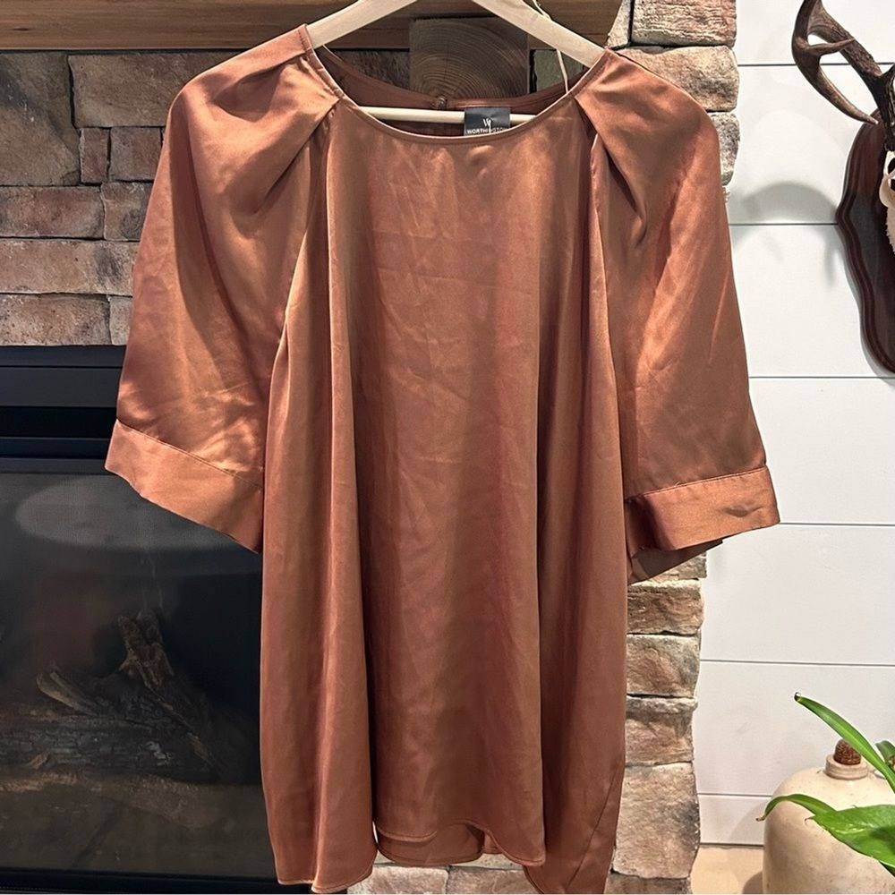 Worthington Blouse Women XXL Bronze‎ Satin Pleated Shoulder Short Sleeve Top